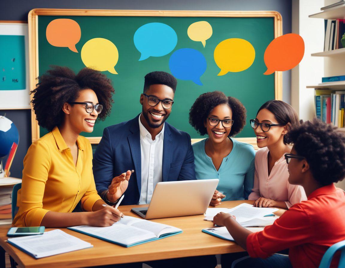 A vibrant scene depicting a diverse group of educators collaborating around a digital tablet, with colorful speech bubbles showcasing innovative ideas, books stacked in the background, and a chalkboard filled with creative strategies. The atmosphere should feel energetic and inspiring, inviting viewers into the world of educational blogging. bright and engaging. vector art. dynamic colors.