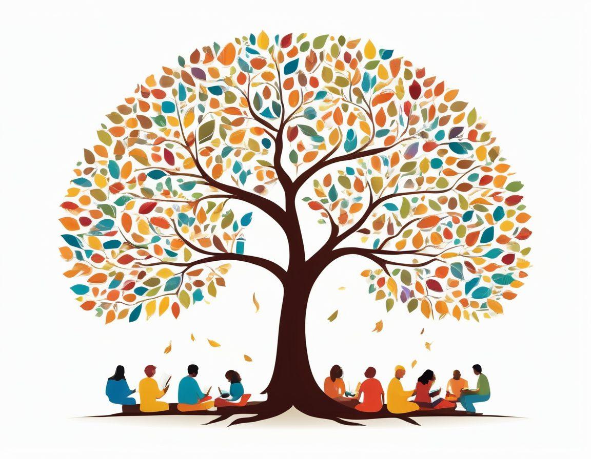A colorful tree with books as leaves, representing knowledge and community, with branches connecting to diverse individuals engaged in discussions, each representing different cultures and ideas. The background features a lively community scene, filled with people exchanging ideas and sharing experiences. The overall vibe is vibrant and inviting, symbolizing collaboration and growth. vector art. vibrant colors. white background.
