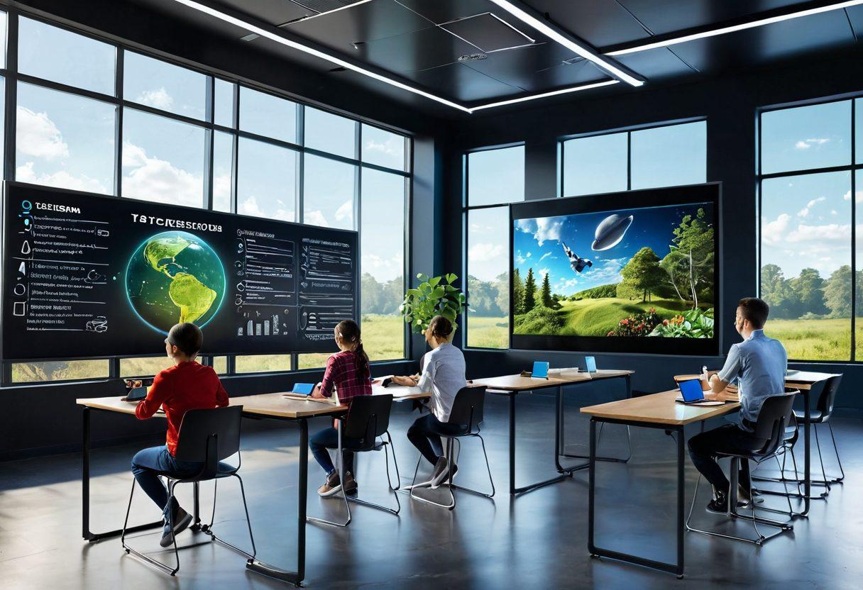 A futuristic classroom filled with diverse students and educators engaging in creative learning activities, with holographic educational tools and a digital blackboard displaying engaging content. The scene is vibrant and dynamic, showcasing innovative technology that enhances the learning experience. Elements of nature, like greenery or a bright sky, peeking through large windows add a sense of inspiration. super-realistic. vibrant colors. 3D.